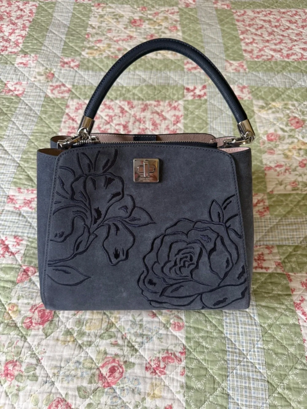 Kate Spade Phoebe Suede Embroidered Mediam Satchel Top Handle Bag Blue Blazer